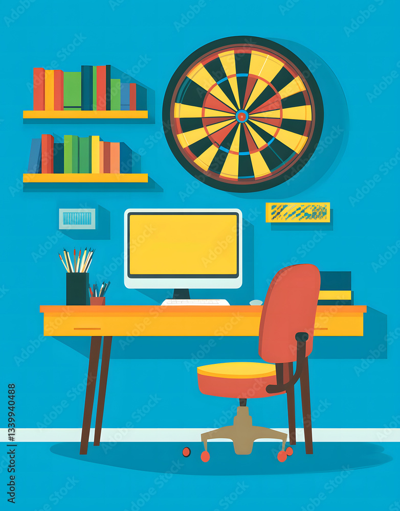 Modern Home Office Design with Dartboard, Bookshelves, and Yellow Desk Modern Home Office Design with Dartboard, Bookshelves, and Yellow Desk