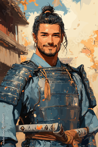 Confident samurai warrior in blue armor, smiling with a katana at his waist, set against a traditional Japanese village background with warm autumn tones