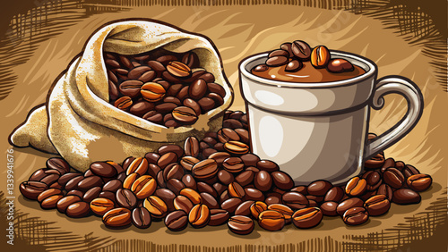 white ceramic mug filled with rich, dark coffee rests on a burlap sack, with roasted beans spilling around it
