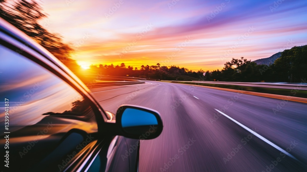 Car driving on an open road during a vibrant sunset with colorful clouds and scenery Car driving on an open road during a vibrant sunset with colorful clouds and scenery