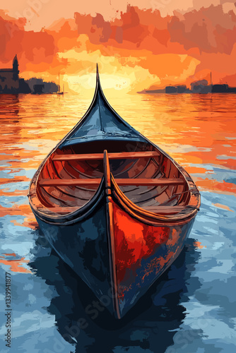 Traditional wooden gondola floating on calm water at sunset, reflecting warm golden hues, with a serene background of distant silhouettes and a glowing sky