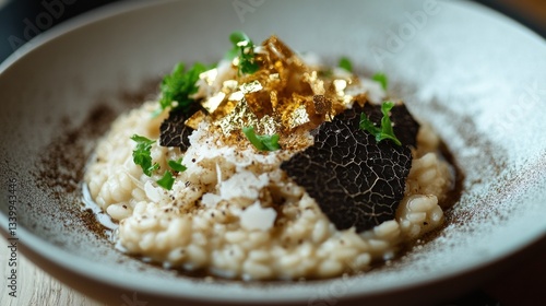 A luxurious black truffle risotto with parmesan shavings and edible gold flakes --ar 16:9 --v 6.1 Job ID: 6e5f3392-cf0a-488b-9c15-34470516ef56