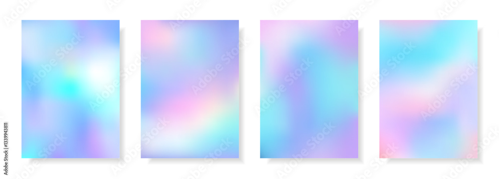 Set of abstract decorative holographic cards with iridescent effect. Colorful rainbow digital futuristic backgrounds. Vector templates for web banner, cover, brochure, presentation, leaflet, flyer. Set of abstract decorative holographic cards with iridescent effect. Colorful rainbow digital futuristic backgrounds. Vector templates for web banner, cover, brochure, presentation, leaflet, flyer.