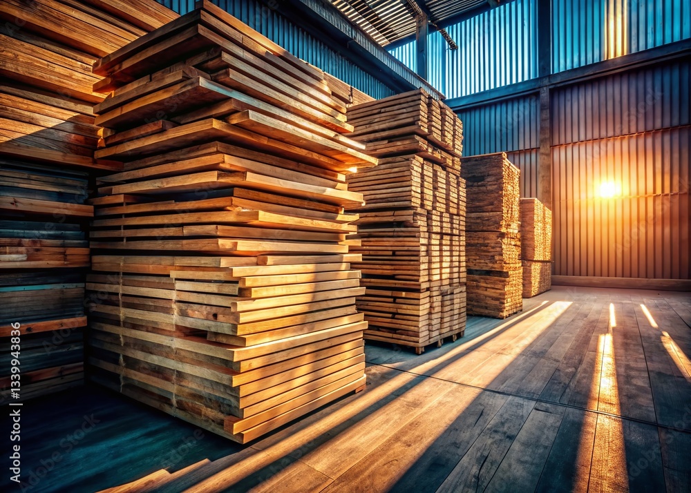 Abstract Wooden Background: Stacked Planks in Warehouse - Surreal Photography Abstract Wooden Background: Stacked Planks in Warehouse - Surreal Photography