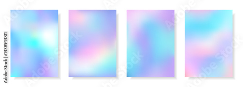Set of abstract decorative holographic cards with iridescent effect. Colorful rainbow digital futuristic backgrounds. Vector templates for web banner, cover, brochure, presentation, leaflet, flyer.