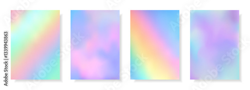 Set of abstract decorative holographic cards with iridescent effect. Colorful rainbow digital futuristic backgrounds. Vector templates for web banner, cover, brochure, presentation, leaflet, flyer.
