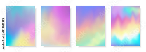 Set of abstract decorative holographic cards with iridescent effect. Colorful rainbow digital futuristic backgrounds. Vector templates for web banner, cover, brochure, presentation, leaflet, flyer.