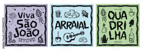 Festa de S?o Jo?o. Festa Junina posters, with isolated elements in the style of Brazilian cordel. Colorful and editable, for printing, fabric, banners