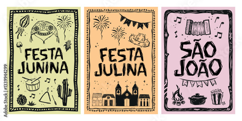 Posters for June and July festivals, in the woodcut style of cordel from northeastern Brazil. Editable vector illustrations. For printing, cards, fabric
