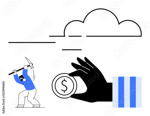 Worker swings pickaxe, cloud above, hand holding coin representing labor, wealth, economy. Ideal for finance, cryptocurrency, business, technology labor success modern economy visual flat simple