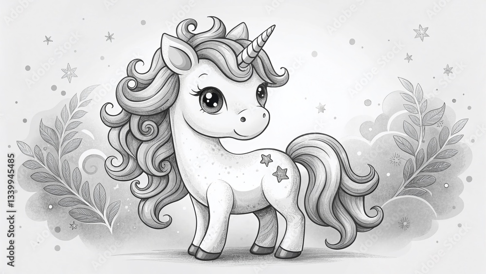 Fototapeta premium Adorable Black & White Unicorn Illustration: Cute Hand-Drawn Magical Creature, Childish Style