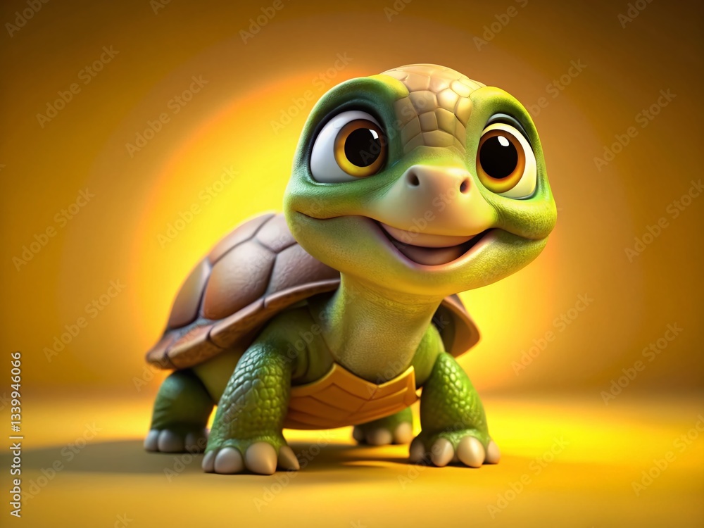 Fototapeta premium Adorable Cartoon Turtle on Yellow Background - Stock Photo