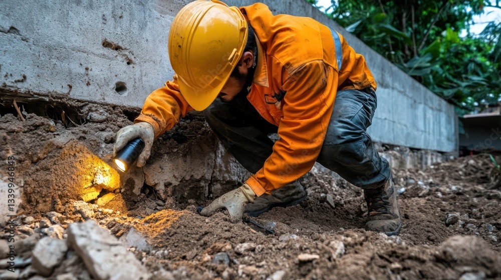 Fototapeta premium Construction Worker Examining Foundation with Flashlight