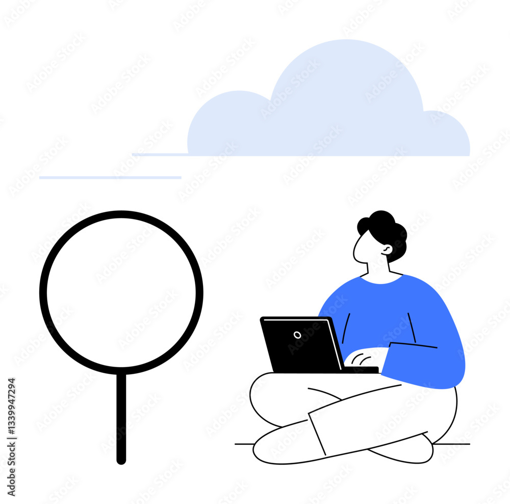 Individual using laptop, seated near magnifying glass and clouds. Ideal for research, analysis, creativity, exploration, technology, focus and innovation themes. Flat simple metaphor Individual using laptop, seated near magnifying glass and clouds. Ideal for research, analysis, creativity, exploration, technology, focus and innovation themes. Flat simple metaphor