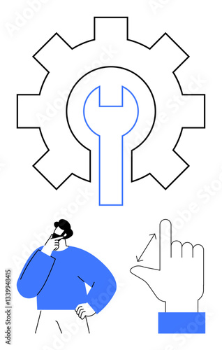 Gear with wrench inside emphasizing settings, person pondering solutions, hand adjusting scale. Ideal for problem-solving, workflow optimization, strategy, customization, innovation, improvement