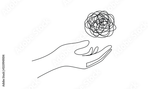 Continuous one line drawing of mental health concept. Chaotically tangled line. Unravels bad mental health. Doodle Vector illustration