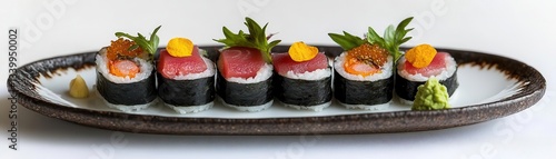 A high-end sushi omakase plate, precise presentation, Japanese culinary art, isolated on white background