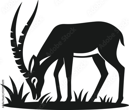 Vector silhouette of an antelope nibbling on grass