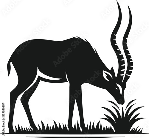 Vector silhouette of an antelope nibbling on grass