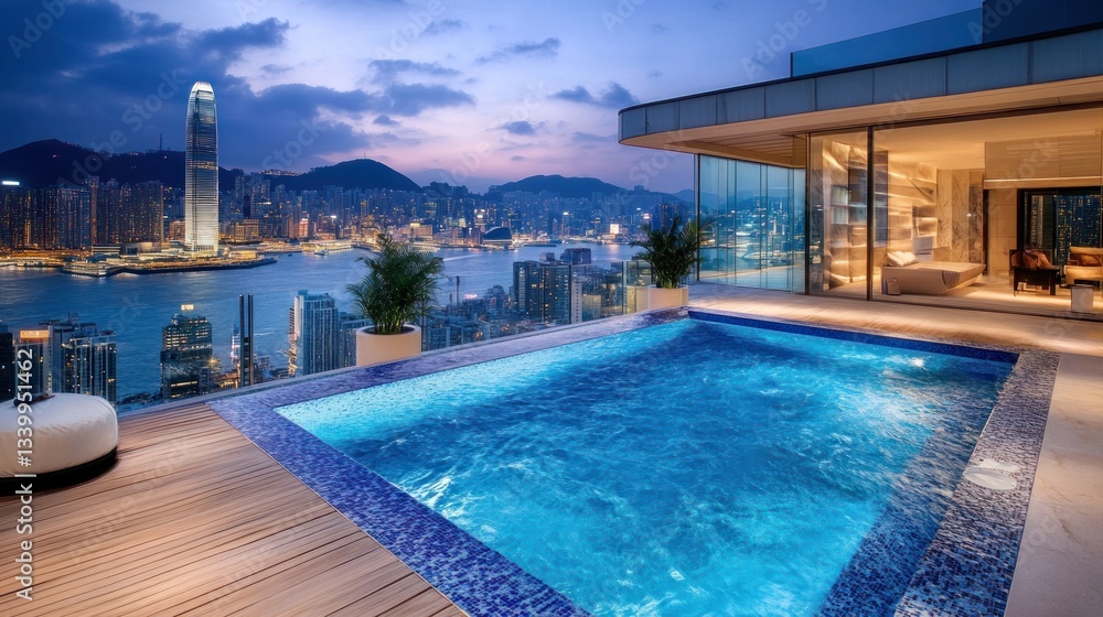 Obraz premium A luxurious penthouse with a rooftop infinity pool and a panoramic city skyline view --ar 16:9 --v 6.1 Job ID: e9f9f14a-b8d2-4ba7-9134-5f77531d76ec