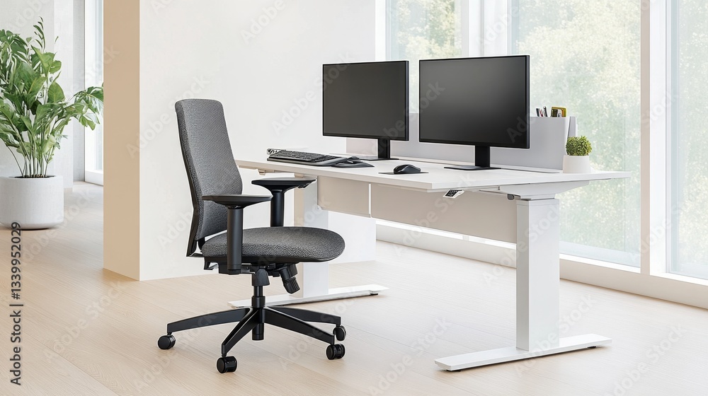 Modern office setup featuring an ergonomic chair and dual monitors in a bright workspace Modern office setup featuring an ergonomic chair and dual monitors in a bright workspace