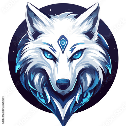 Majestic esports logo featuring a shimmering white wolf with striking blue eyes and intricate details on its face