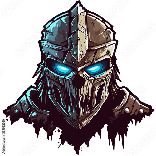Warlord logo design featuring an ancient undead warrior with a fierce helmet and haunting blue eyes in a dark, stylized aesthetic