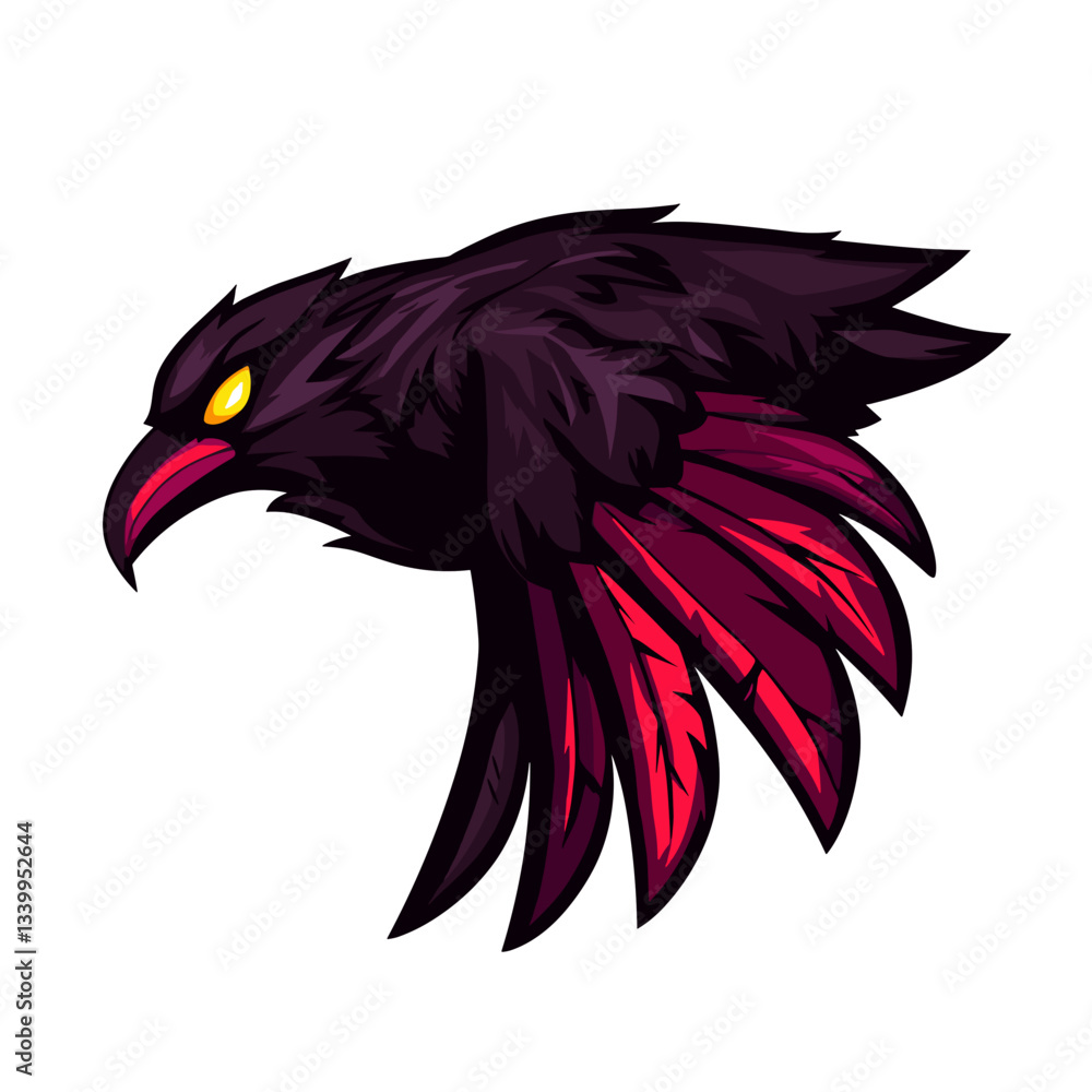 Fototapeta premium Sinister raven logo with crimson feathers symbolizing esports competition and intensity