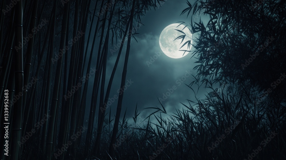 Fototapeta premium Enchanting Full Moon Illuminating a Bamboo Forest at Night