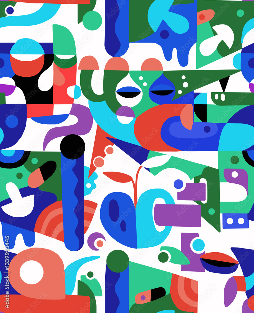 Fototapeta premium Abstract mosaic pattern painted in bright colors from geometric shapes drawn by hand.Seamless background. 