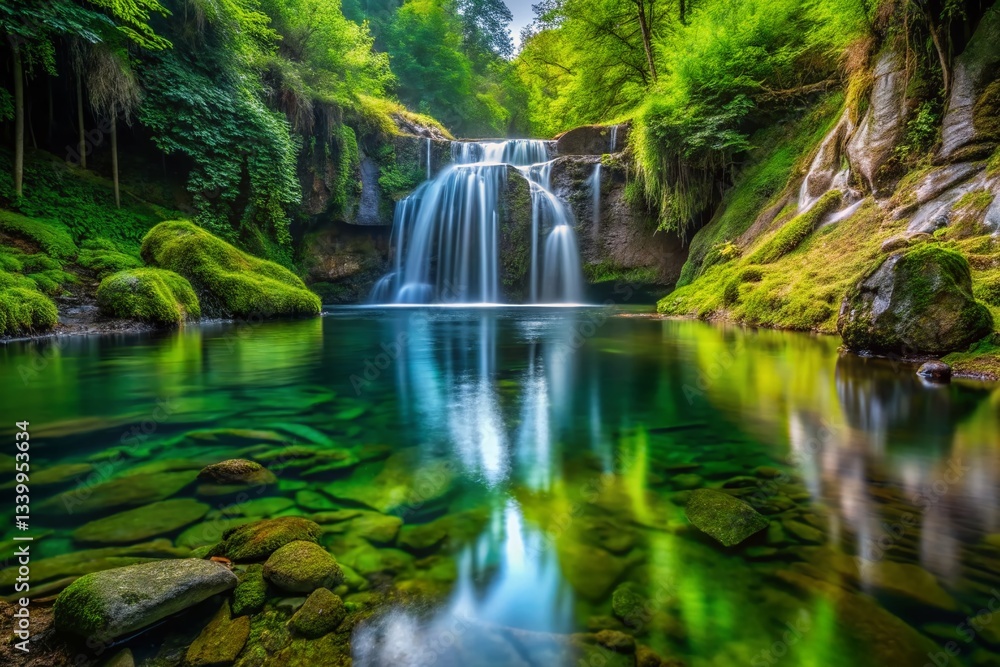 Aerial Macro View: Waterfall Cascade & Reflective Pool Amid Lush Foliage