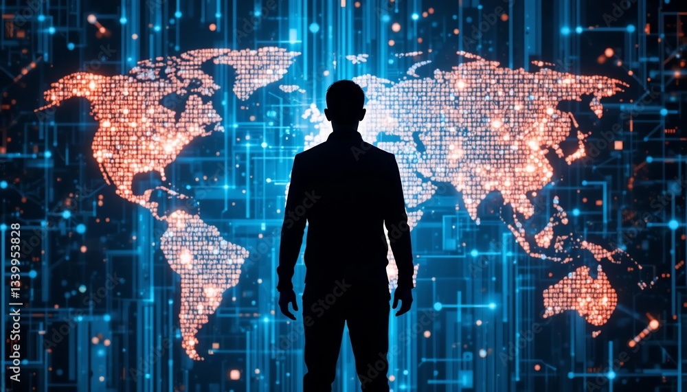 Obraz premium Global Network Connectivity Silhouette of Man Against Digital World Map