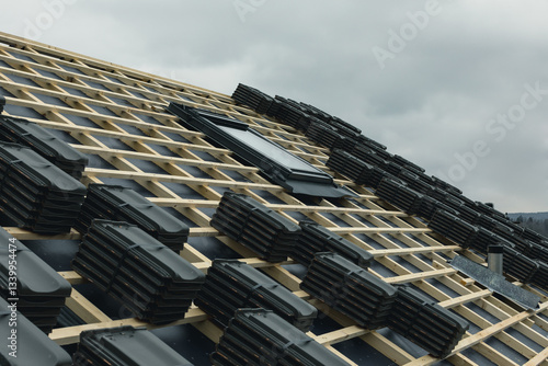 Roof Battens covered with stacked roof tiles