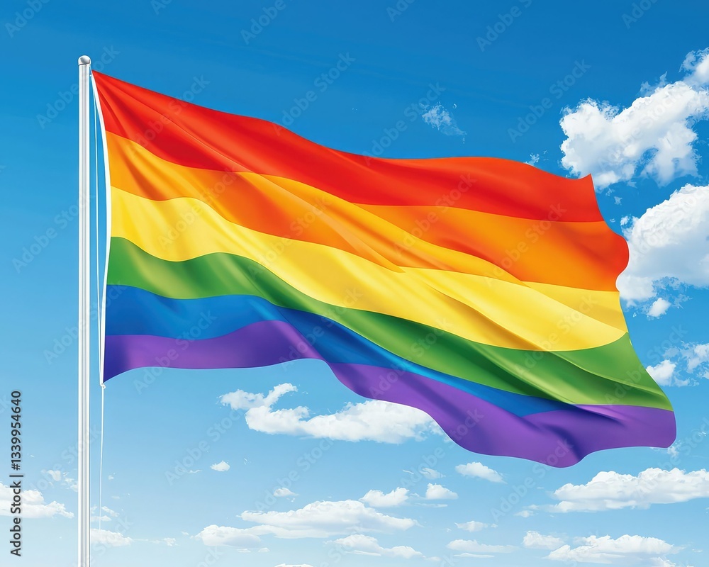 Obraz premium A vibrant rainbow flag waves against a clear blue sky, symbolizing LGBTQ+ pride and diversity.