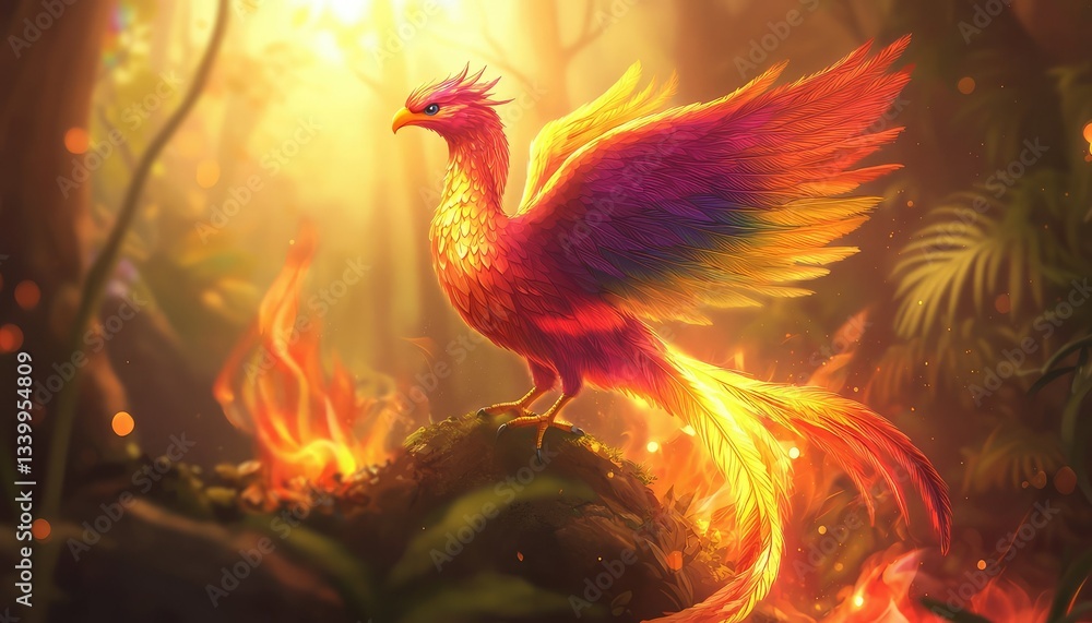 Fototapeta premium A vibrant phoenix rises from the flames, surrounded by a lush forest, radiating colors of fire and embodying rebirth and transformation.