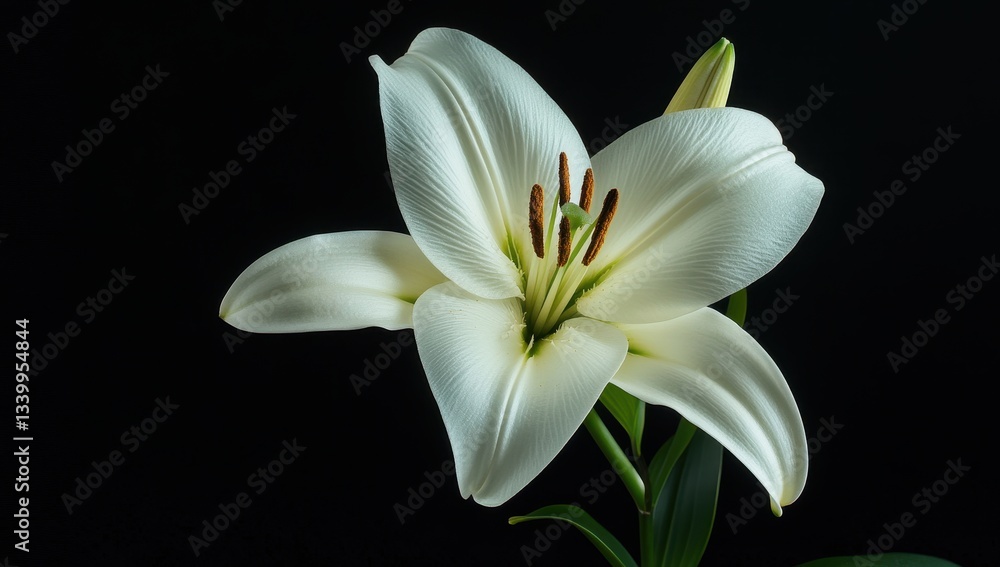 Fototapeta premium Elegant white lily against a dark background, showcasing its delicate petals.