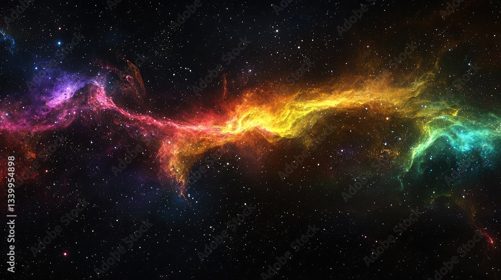 Obraz premium A vibrant cosmic scene showcasing colorful nebulae amidst a starry night sky, evoking a sense of wonder and the vastness of the universe.