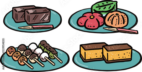 お皿に盛られたいろいろな和菓子の手描き風イラストセット　1