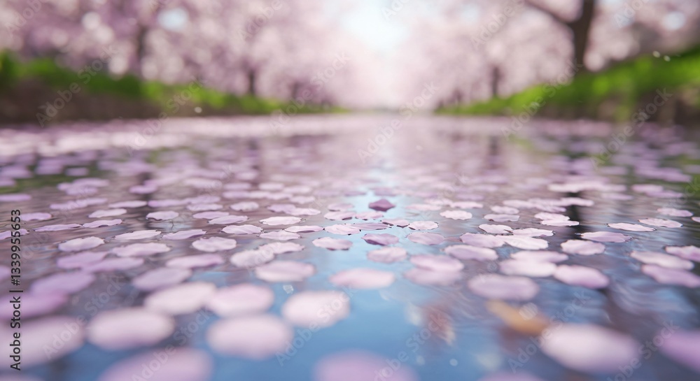 Fototapeta premium Soft-focus cherry blossom petals floating on a calm water surface