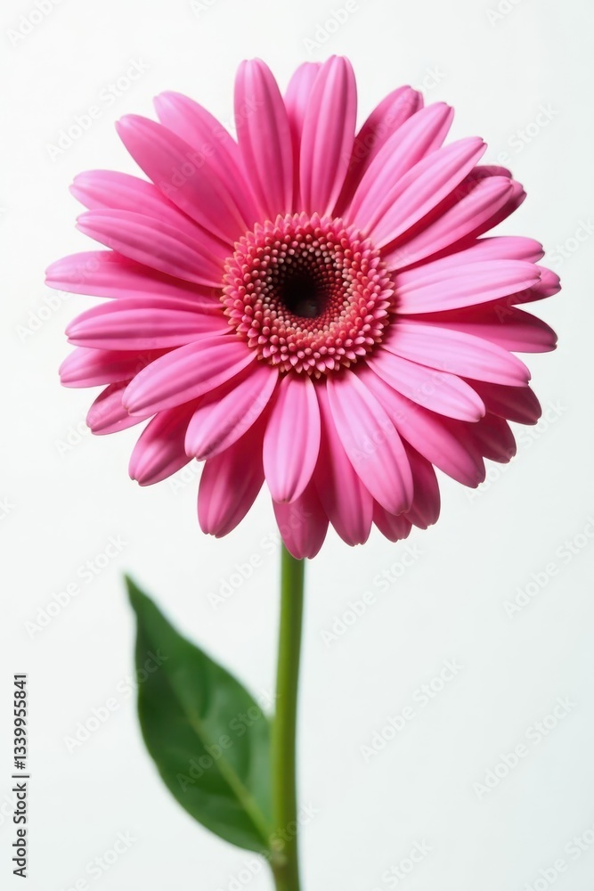 Vibrant pink gerber daisy, petals unfurled, crisp white backdrop, colorful, elegant, texture Vibrant pink gerber daisy, petals unfurled, crisp white backdrop, colorful, elegant, texture