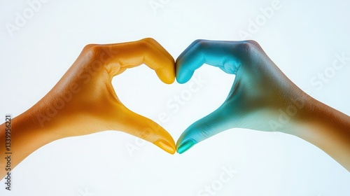 Two hands, one orange and one blue, form a heart shape against a light background, symbolizing unity and love.