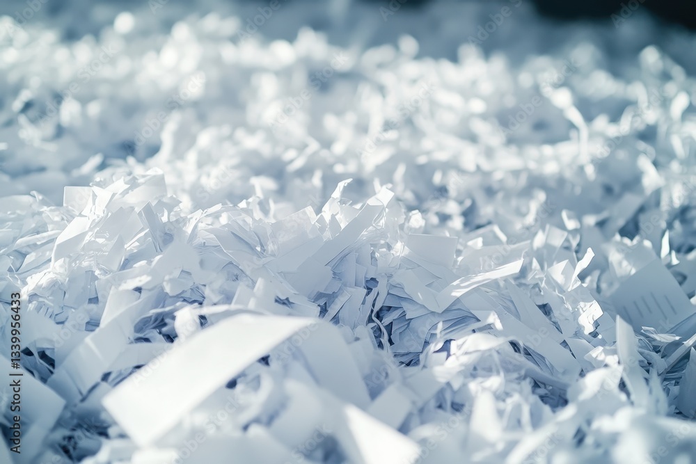 Obraz premium Pile of shredded white paper, close-up with cool, subtle light. It represents data destruction, security, and protecting private information.