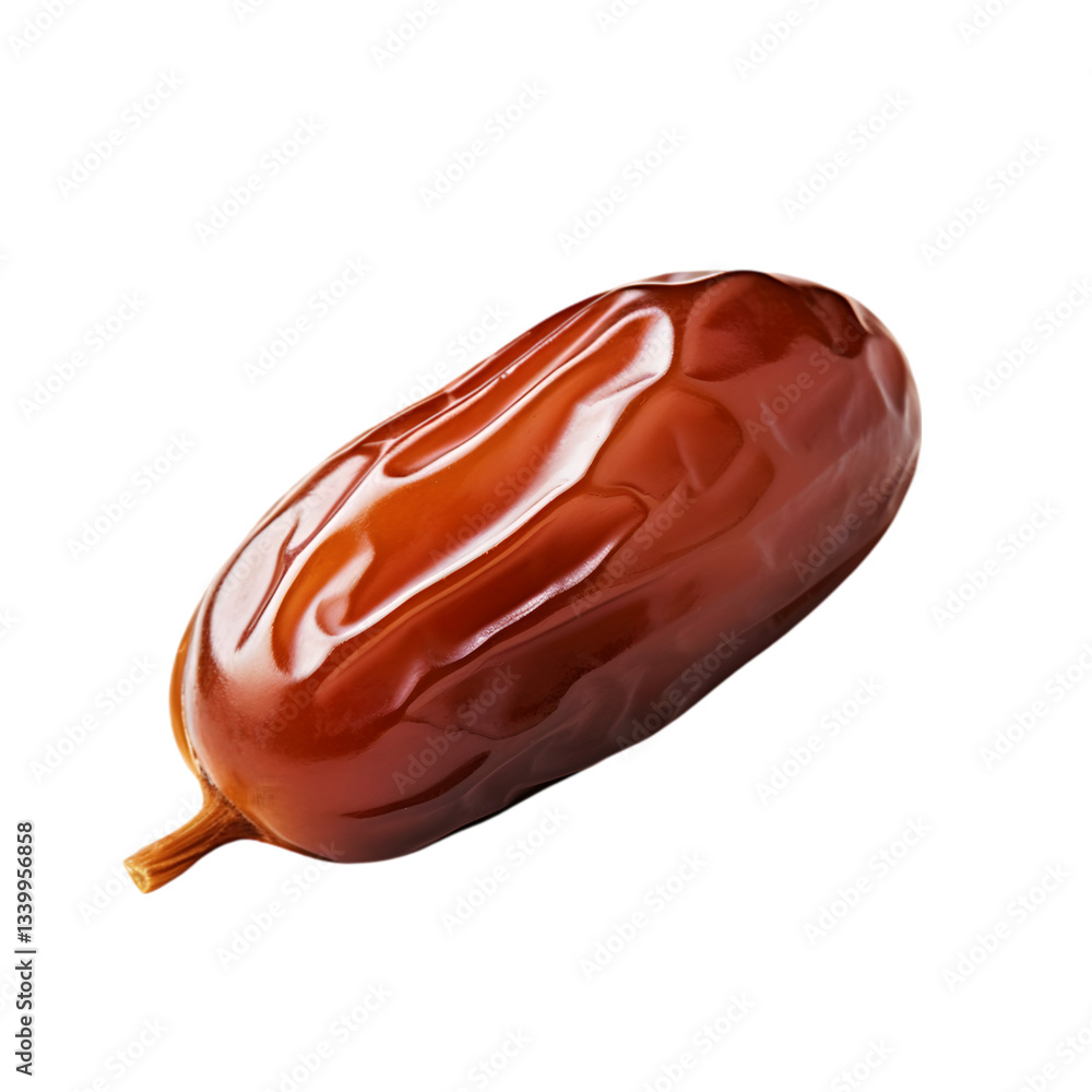A single shiny and plump date with a rich brown color, showcasing its smooth texture and natural sweetness, isolated on a white background A single shiny and plump date with a rich brown color, showcasing its smooth texture and natural sweetness, isolated on a white background