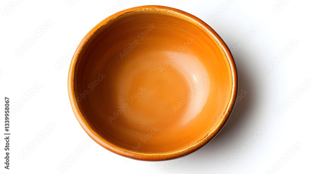 Empty rustic orange ceramic bowl sits on plain white background Empty rustic orange ceramic bowl sits on plain white background