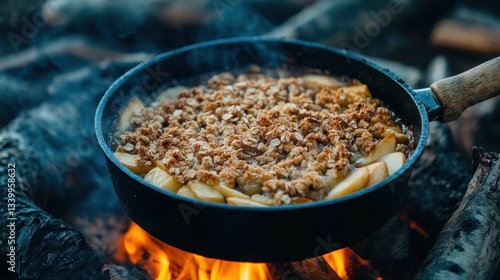 Apple crisp is baked in a pan over campfire with wood. Shows outdoor cooking, camping or wilderness food themes.