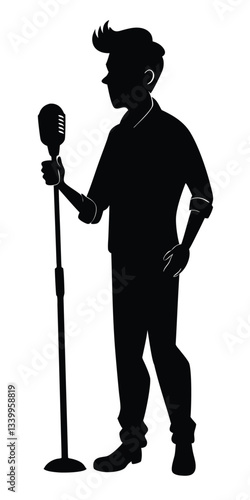 Man singer silhouette, man singing on mic, singer singing silhouette, vocalist singing to microphone