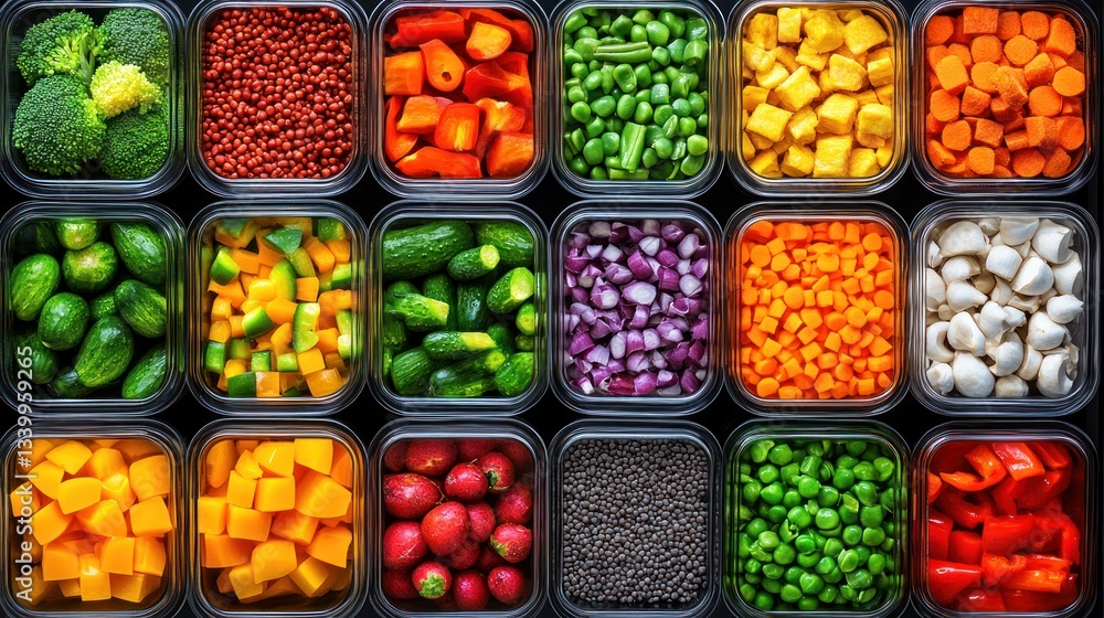 Vibrant Vegetable Variety: A Colorful Collection of Chopped Produce in Clear Containers Vibrant Vegetable Variety: A Colorful Collection of Chopped Produce in Clear Containers