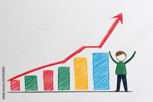 Illustration of a hand-drawn bar graph with a rising red arrow and a happy figure, representing financial success, business growth, and personal achievement in an artistic and playful style