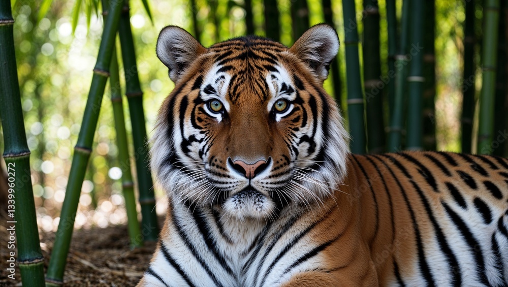 Obraz premium young tiger lies calmly surrounded by vibrant bamboo plants.
