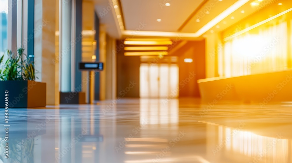 Modern lobby interior with reflective floor and warm lighting, showcasing a welcoming atmosphere Modern lobby interior with reflective floor and warm lighting, showcasing a welcoming atmosphere